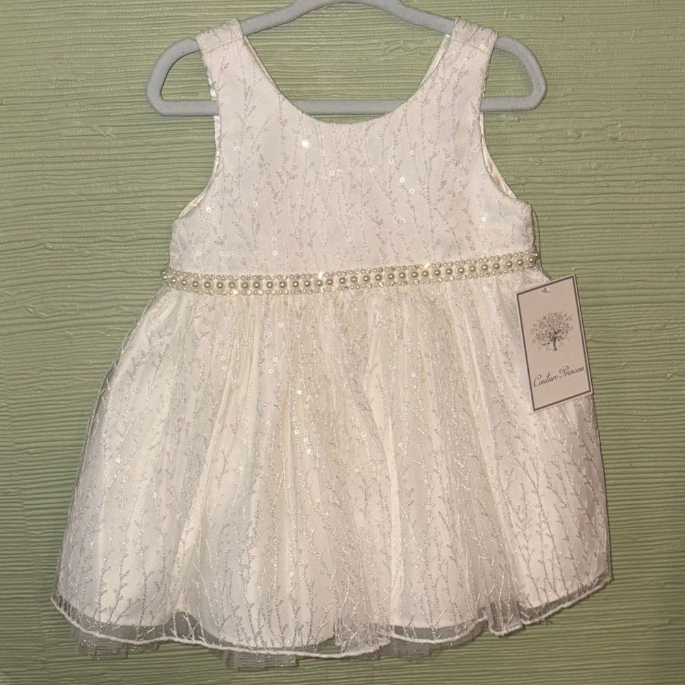 Elegant White Pearl-Trim Girls' Formal Dress